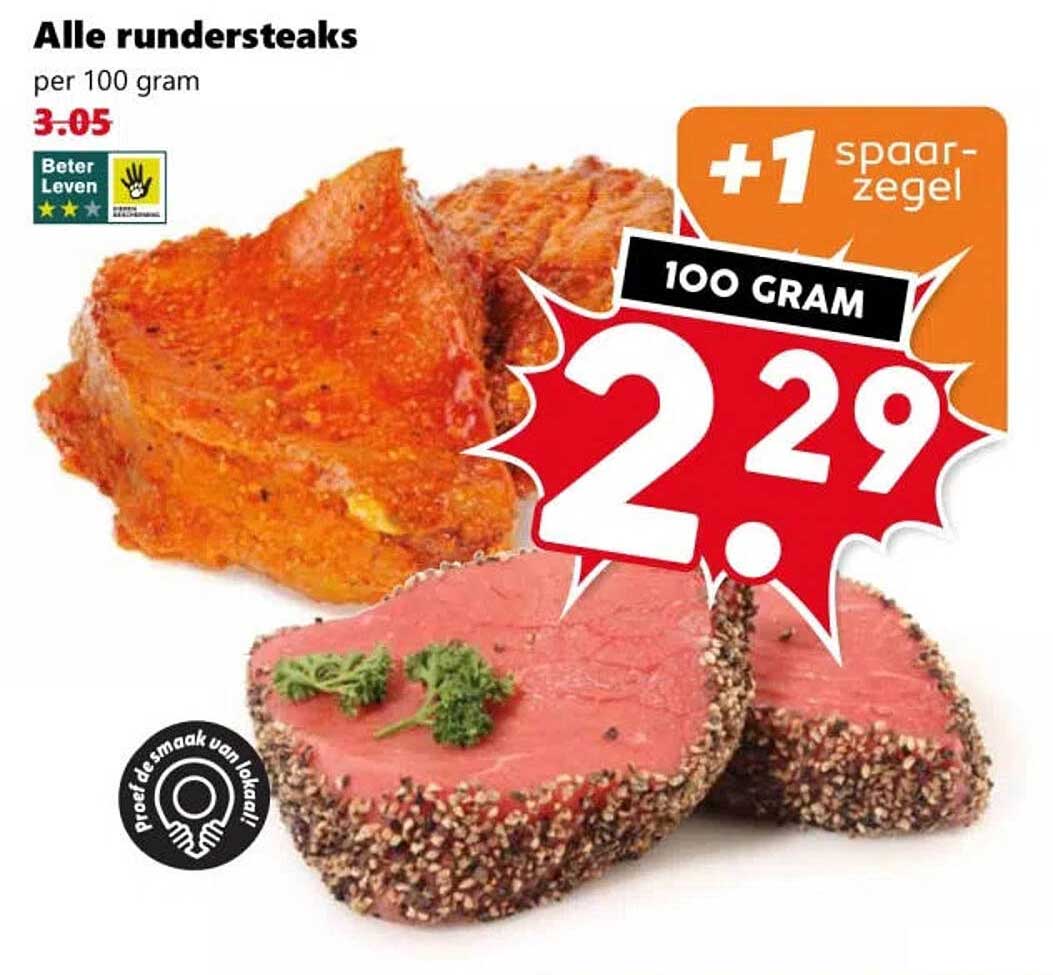 Alle rundersteaks per 100 gram +1 spaarzegel