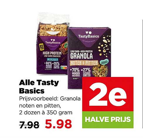 Alle Tasty Basics Prijsvoorbeeld: Granola noten en pitten, 2 dozen à 350 gram 2e halve prijs