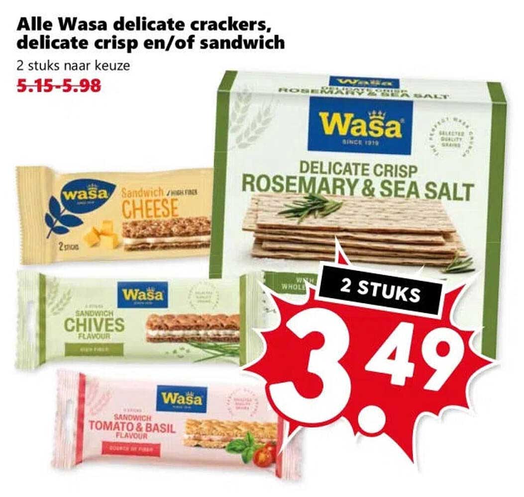 Alle Wasa delicate crackers, delicate crisp en/of sandwich 2 stuks naar keuze
