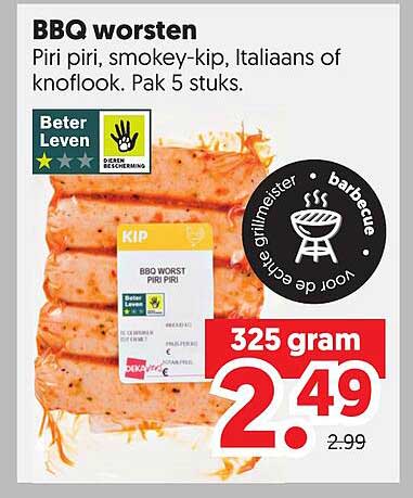 BBQ worsten Piri piri, smokey-kip, Italiaans of knoflook. Pak 5 stuks.