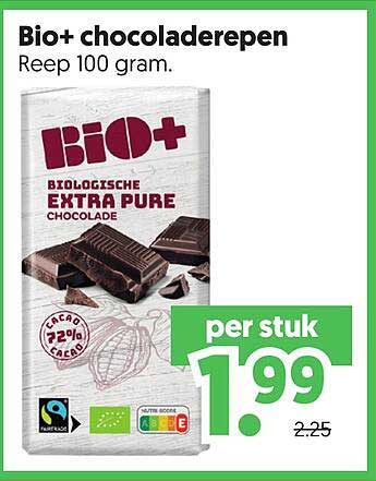 Bio+ chocoladerepen Reep 100 gram.