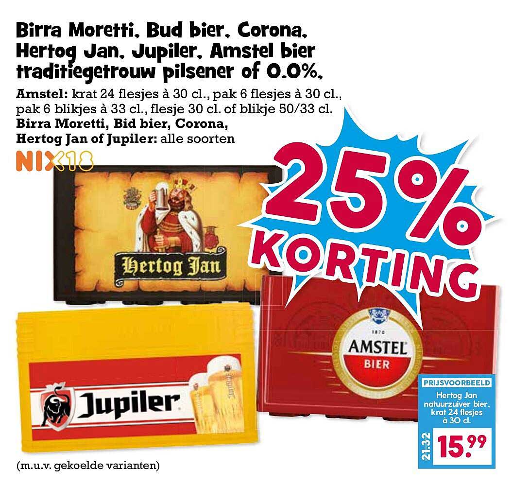 Birra Moretti, Bud bier, Corona, Hertog Jan, Jupiler, Amstel bier traditioneel pilsener of 0.0%, 25% KORTING