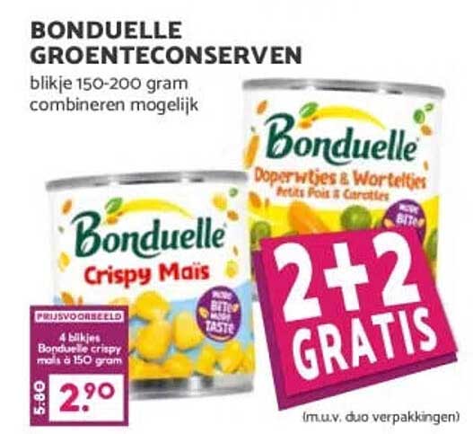 BONDUELLE GROENTECONSERVEN 2+2 GRATIS