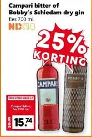 Campari bitter of Bobby's Schiedam dry gin fl. 700 ml 25% korting