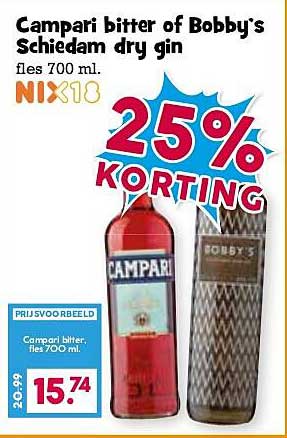 Campari bitter of Bobby's Schiedam dry gin fles 700 ml. NIX18 25% KORTING