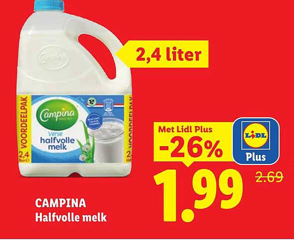 CAMPINA Halfvolle melk 2,4 liter Met Lidl Plus -26%