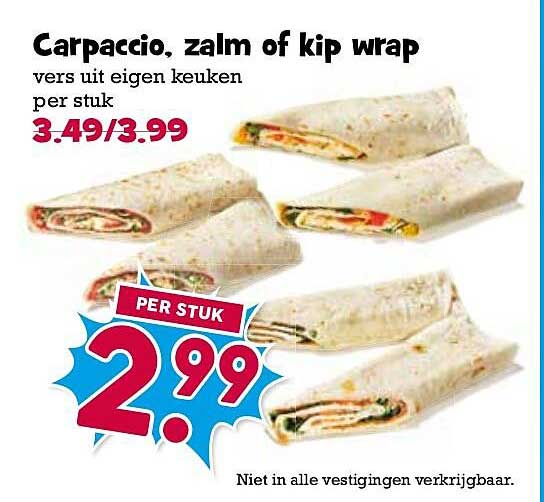 Carpaccio, zalm of kip wrap vers uit eigen keuken per stuk