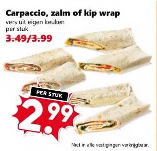 Carpaccio, zalm of kip wrap vers uit eigen keuken per stuk