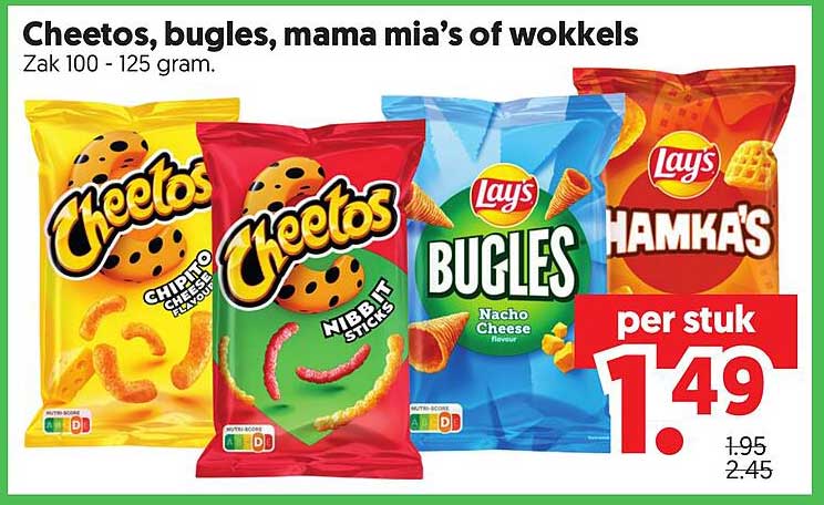 Cheetos, bugles, mama mia’s of wokkels Zak 100 - 125 gram