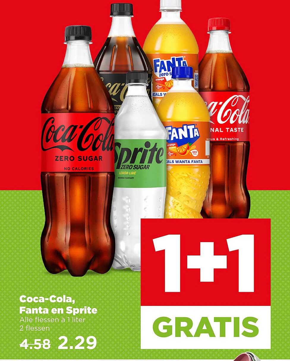 Coca-Cola, Fanta en Sprite Alle flessen à 1 liter 2 flessen 1+1 GRATIS