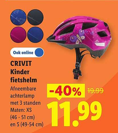 CRIVIT Kinder fietshelm Afneembare achterlamp met 3 standen Maten: XS (46 - 51 cm) en S (49-54 cm)