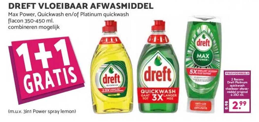 DREFT VLOEIBAAR AFWASMIDDEL 1+1 GRATIS