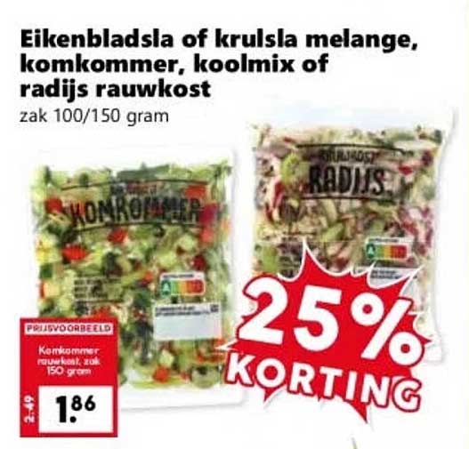 Eikenbladsla of krulsla melange, komkommer, koolmix of radijs rauwkost 25% korting