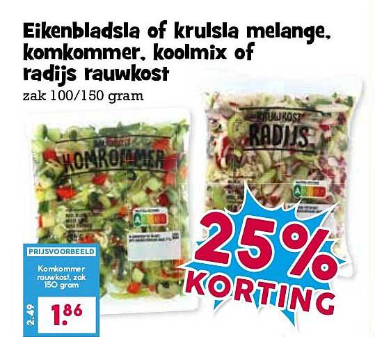 Eikenbladsla of krulsla melange, komkommer, koolmix of radijs rauwkost