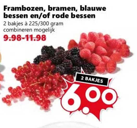 Frambozen, bramen, blauwe bessen en/of rode bessen 2 bakjes a 225/300 gram combineren mogelijk 2 BAKJES