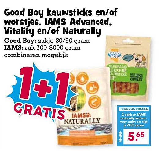 Good Boy kauwsticks en/of worfstjes, IAMS Advanced, Vitality en/of Naturally 1+1 GRATIS