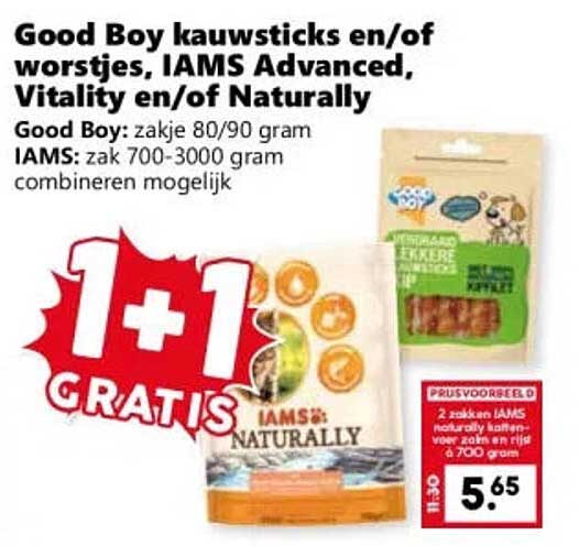 Good Boy kauwsticks en/of worstjes, IAMS Advanced, Vitality en/of Naturally 1+1 GRATIS