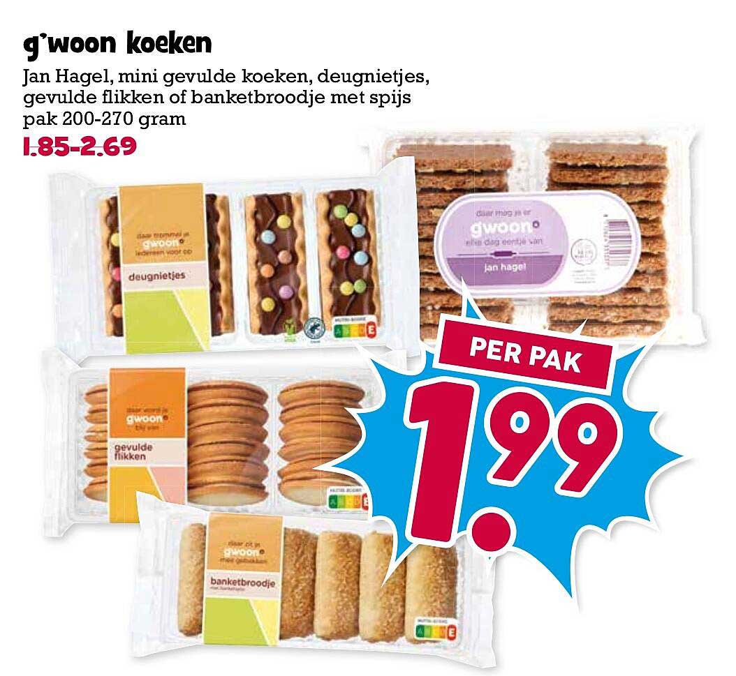 g'woon koeken Jan Hagel, mini gevulde koeken, deugnietjes, gevulde flikken of banketbroodje met spijs pak 200-270 gram