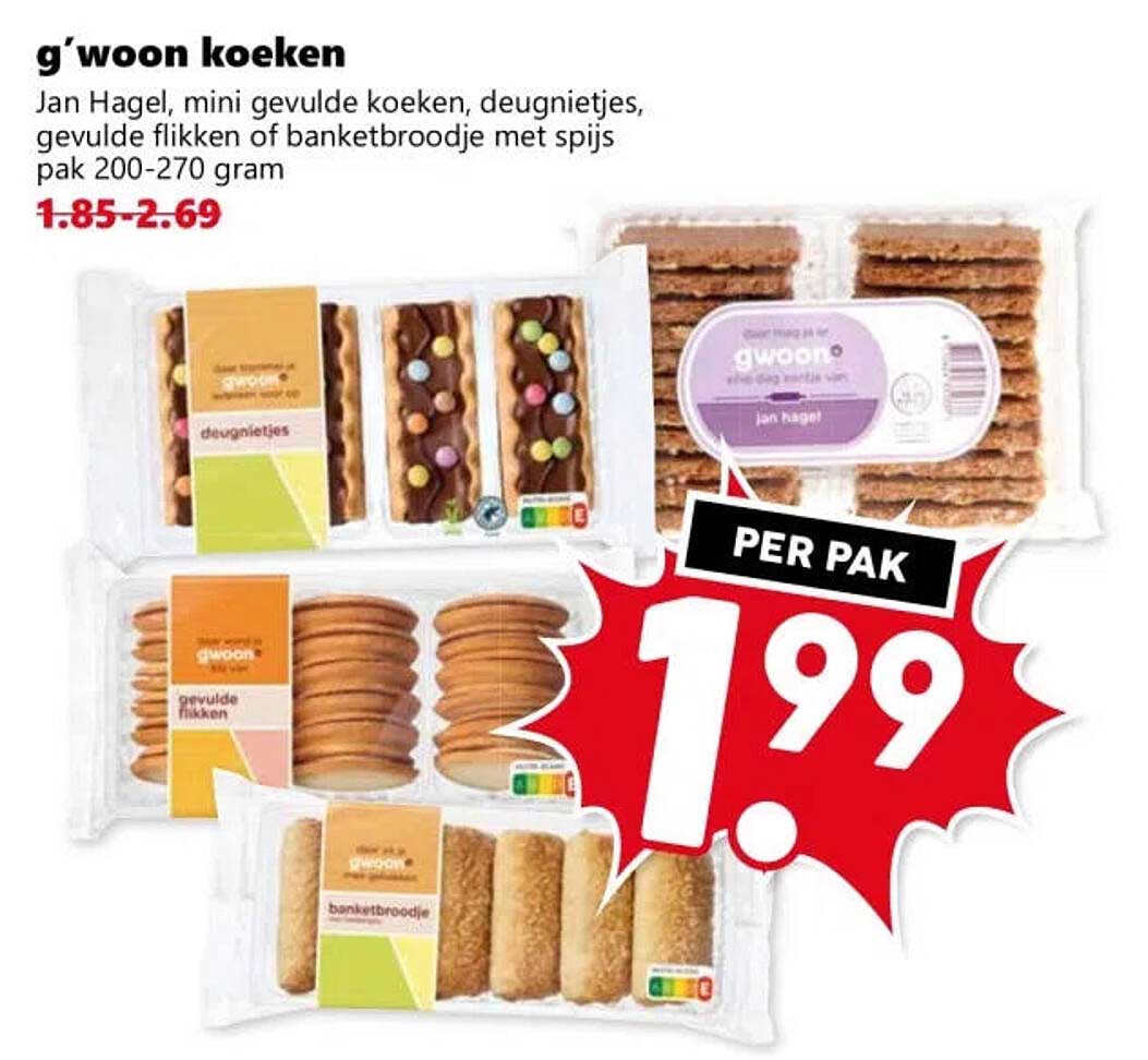g'woon koeken Jan Hagel, mini gevulde koeken, deugnietjes, gevulde flikken of banketbroodje met spijs pak 200-270 gram
