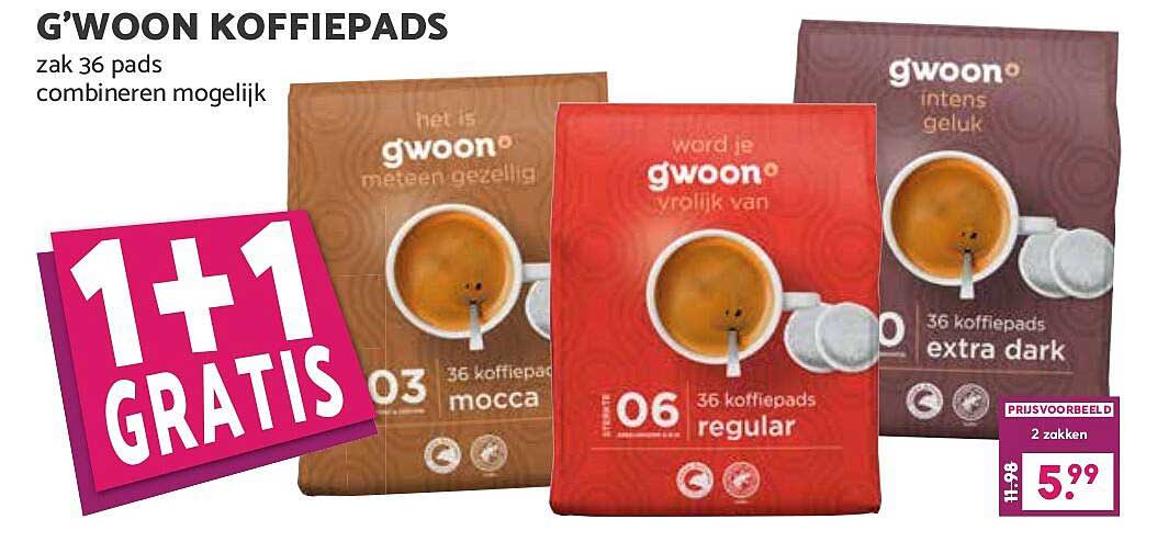 G'WOON KOFFIEPADS zak 36 pads combineren mogelijk 1+1 GRATIS