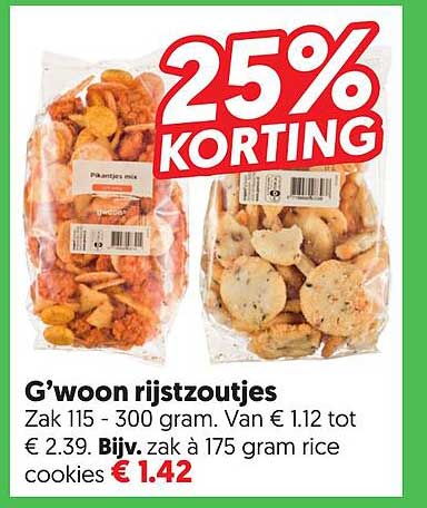 G’woon rijstzoutjes Zak 115 - 300 gram. Van € 1.12 tot € 2.39. Bijv. zak à 175 gram rice cookies € 1.42