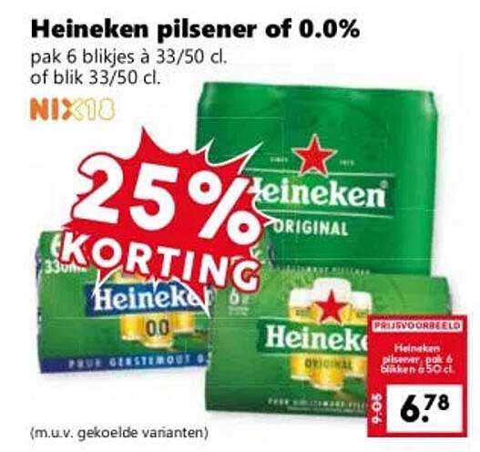 Heineken pilsener of 0.0% 25% korting