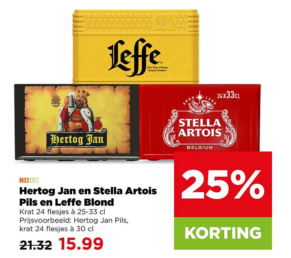 Hertog Jan en Stella Artois Pils en Leffe Blond 25% KORTING