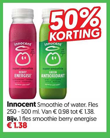 Innocent Smoothie of water. Fles 250 - 500 ml. 50% korting