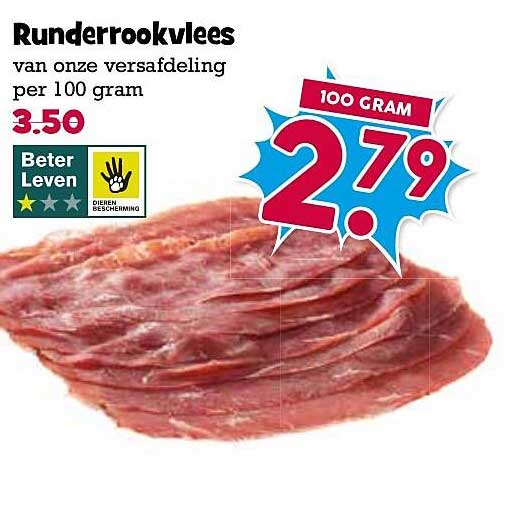Kunderrookvlees van onze versafdeling per 100 gram