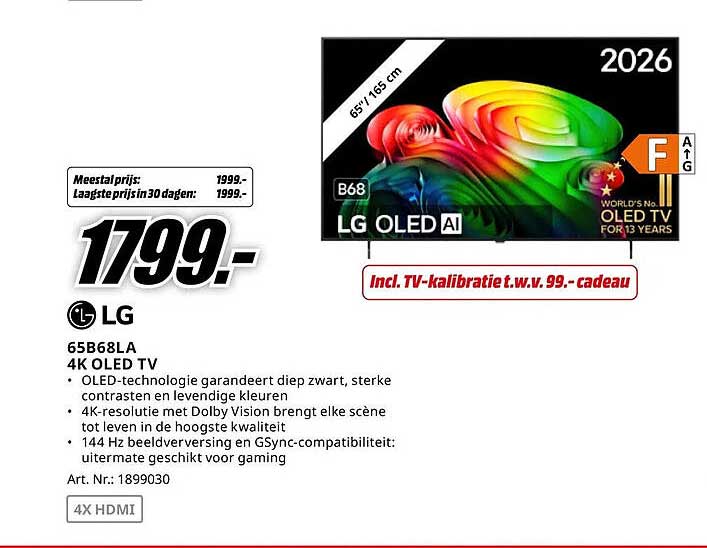 LG 65B68LA 4K OLED TV Incl. TV-kalibratie t.w.v. 99,- cadeau