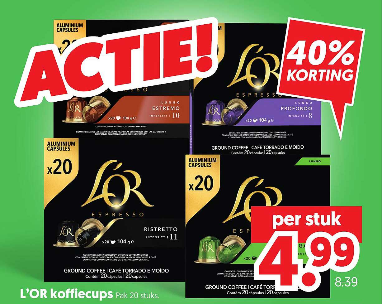 L'OR koffiecups Pak 20 stuks. 40% korting