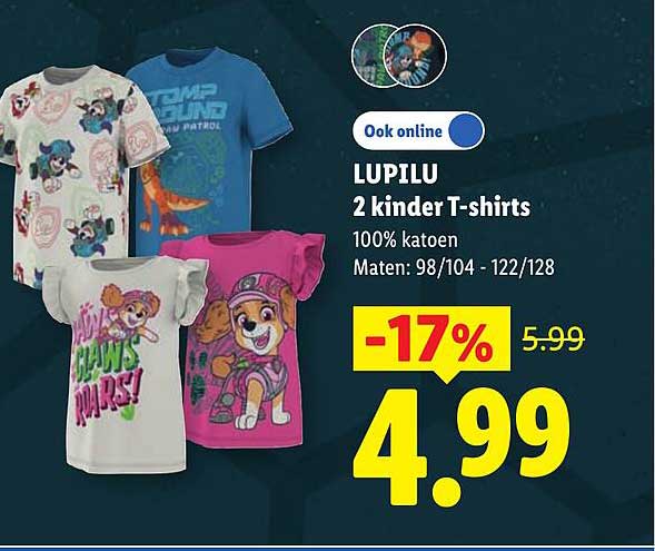 LUPILU 2 kinder T-shirts 100% katoen Maten: 98/104 - 122/128 -17%