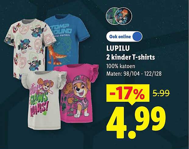 LUPILU 2 kinder T-shirts 100% katoen Maten: 98/104 - 122/128 -17%