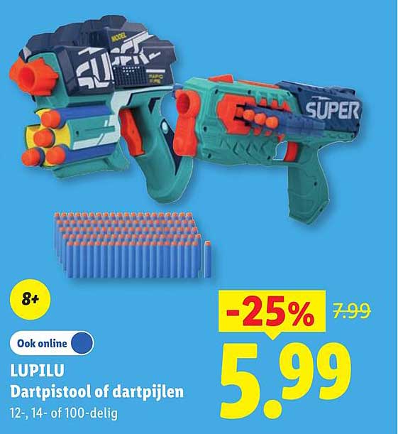 LUPILU Dartpistool of dartpijlen 12-, 14- of 100-delig -25%