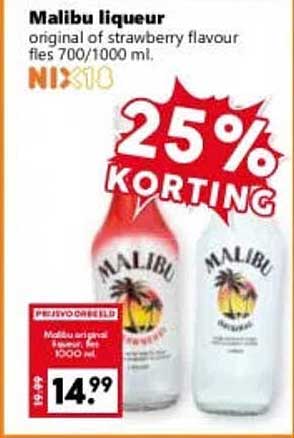 Malibu likeur original of strawberry flavour fles 700/1000 ml 25% KORTING