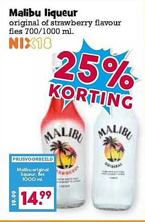 Malibu liqueur original of strawberry flavour fles 700/1000 ml. NIX18 25% KORTING
