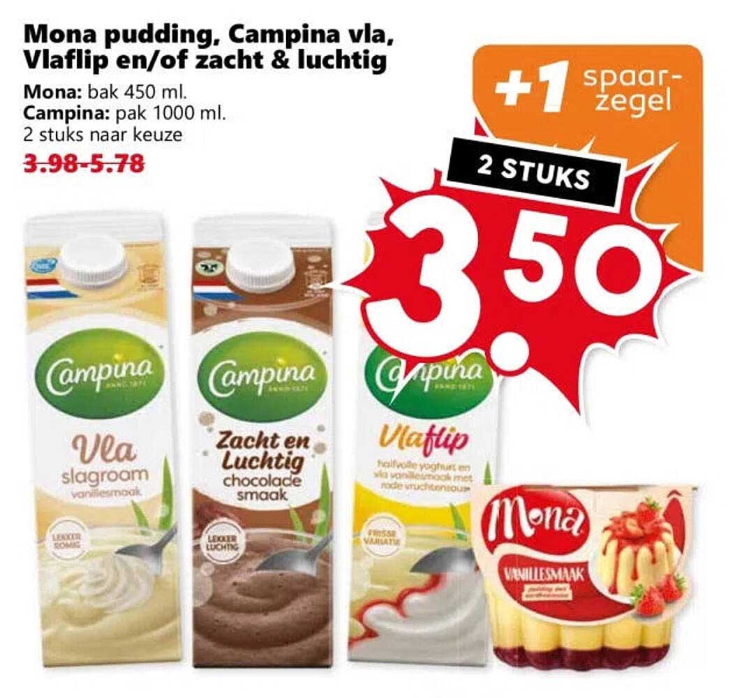 Mona pudding, Campina vla, Vlaflip en/of zacht & luchtig 2 stuks naar keuze