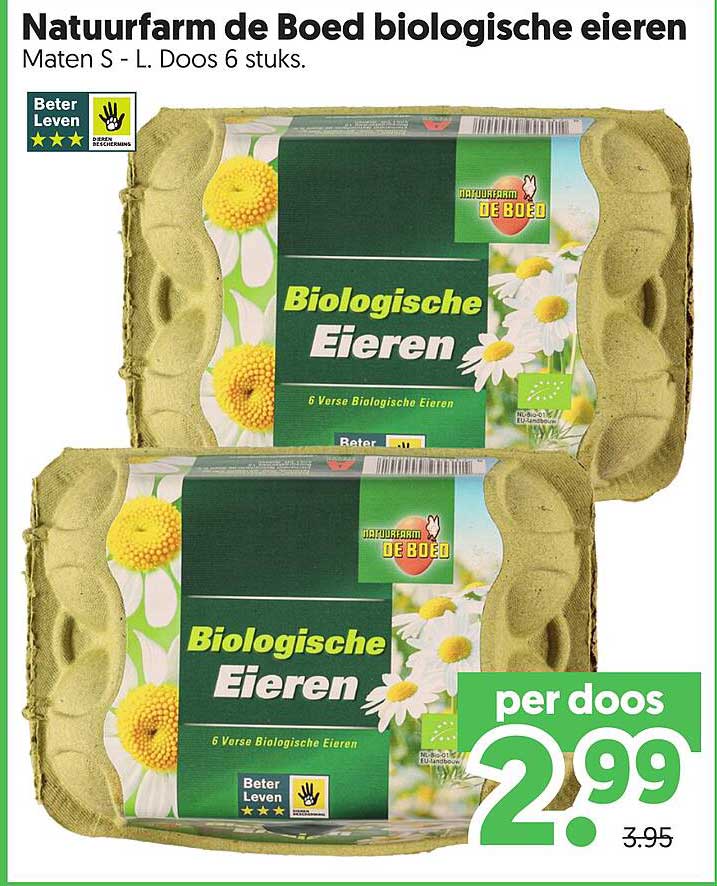 Natuurfarm de Boed biologische eieren Maten S - L. Doos 6 stuks.