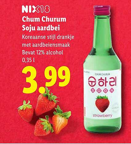 NIX18 Chum Churum Soju aardbei Koreaanse stijl drankje met aardbeiensmaak Bevat 12% alcohol 0,35 l