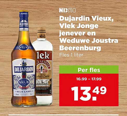 NIX18 Dujardin Vieux, Vlek Jonge jenever en Weduwe Joustra Beerenburg Fles 1 liter Per fles