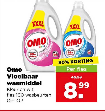 Omo Vloeibaar wasmiddel Kleur en wit, fles 100 wasbeurten OP=OP 80% KORTING