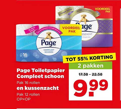 Page Toiletpapier Compleet schoon Pak 16 rollen en kussenzacht Pak 12 rollen OP=OP TOT 55% KORTING 2 pakken