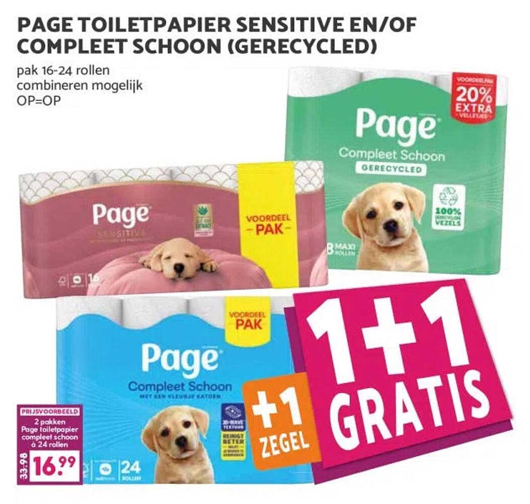 Page toiletpapier sensitive en/of compleet schoon (gerecycled) 1+1 gratis