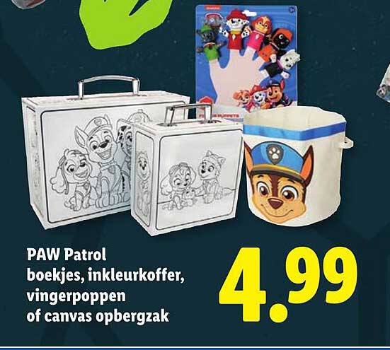 PAW Patrol boekjes, inkluorkoffer, vingerpoppen of canvas opbergzak