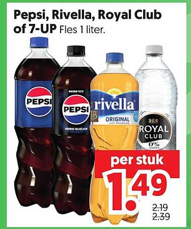 Pepsi, Rivella, Royal Club of 7-UP Fles 1 liter.