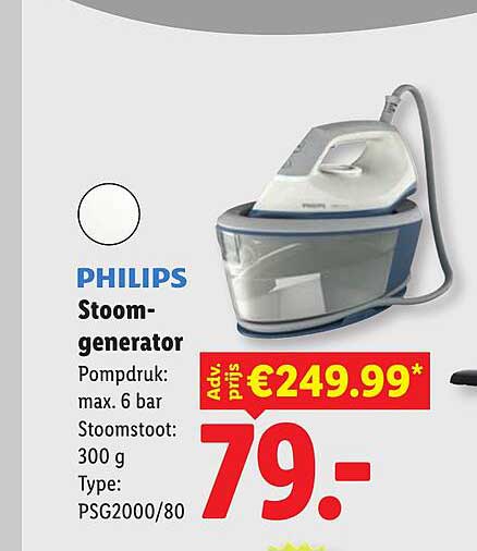 PHILIPS Stoom-generator Pompdruk: max. 6 bar Stoomstoot: 300 g Type: PSG2000/80