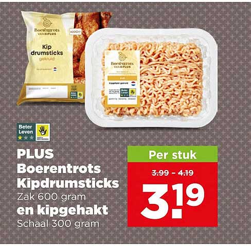 PLUS Boerentrots Kipdrumsticks zak 600 gram en kipgehakt schaal 300 gram