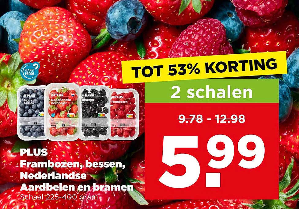 PLUS Frambozen, bessen, Nederlandse Aardbeien en bramen Schaal 225-400 gram 2 schalen TOT 53% KORTING