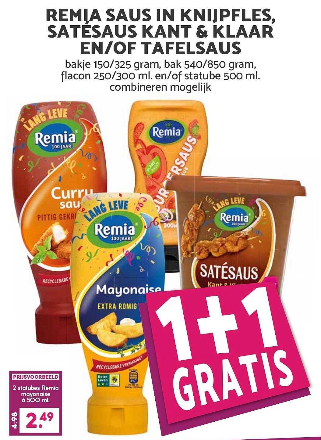 Remia saus in knijpfles, satésaus kant & klaar en/of tafelsaus 1+1 gratis