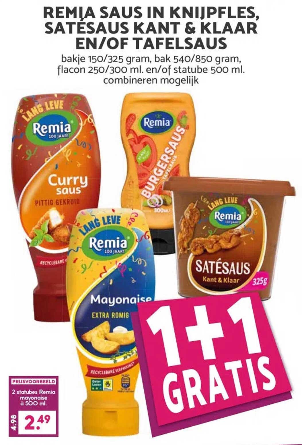Remia saus in knijpfles, satesaus kant & klaar en/of tafelsaus 1+1 gratis